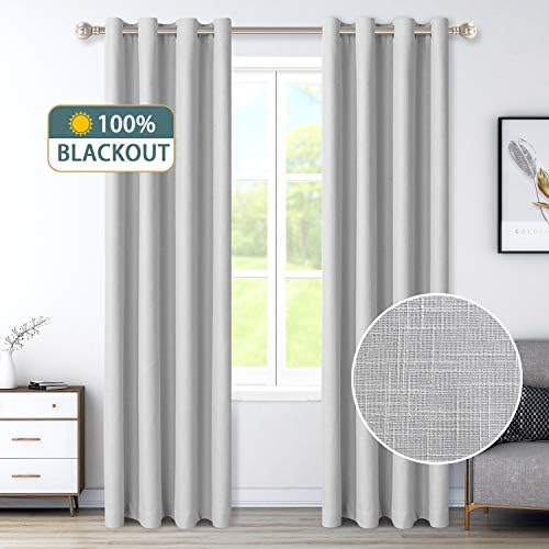 LORDTEX 100% Blackout Curtains for Bedroom - Textured Primitive Linen Look Heavy Duty Curtains with Thermal-Bond Washable Grommet Top Window Drapes for Living Room, 2 Panels, Silver Grey, 52 x 84 inch