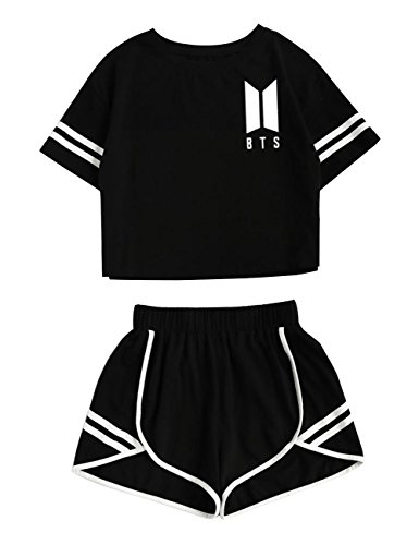 YJQ Women's Kpop BTS Crop Top and Shorts Set Bangtan Boys Tee Shirt and Shorts JIN SUGA Jimin V RM JHOPE (Black/BTS-LY, S)