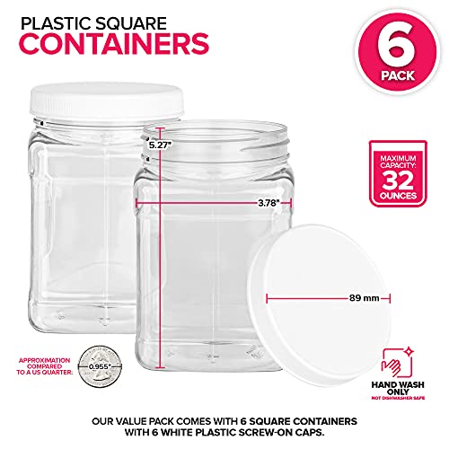 Stock Your Home Plastic Storage Jars (6 Pack) 32 Oz Square Plastic