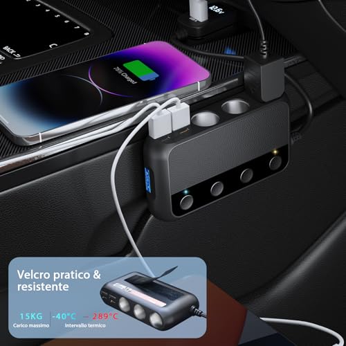USB-C PD 30W USB QC3.0 Car Charger, 9 in 1 148W Car Charger Cigarette Lighter 12V/24V with 3 Sockets & 6 Ports with LED Display for iPhone Dash Cam