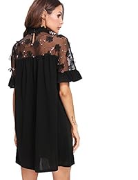 DIDK - Vestido de túnica con lazo y cuello de malla bordada y floral, para mujer