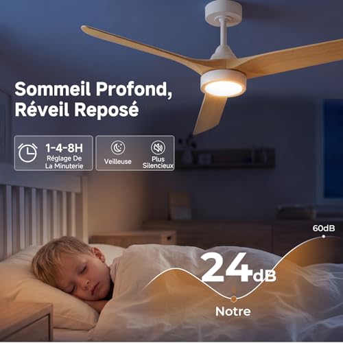 Ateroll Ventilateur Plafond Télécommande Lustre Ventilateur de Plafond Silencieux, Ø132 cm en ABS, Ventilateur Dimmable Plafonnier 6 Vitesses, Minuterie 3 Températures LED Chambre, Salon & Terrasse