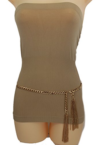 TFJ Women Fashion Belt Gold Metal Chain Links Hip High Waist Long Fringes M L
