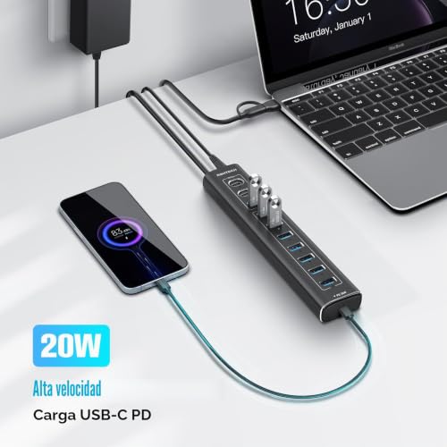 USB Powered Hub, RSHTECH 11 Ports USB 3.2 Hub with Power 60W (12/5A), USB Data Port 10Gbps (2*Tip-C, 1*Tip-A), 7*5Gbps USB 3.0 and 20W PD, Aluminum USB Splitter with 2 in 1 Cable, RSH-A11PD