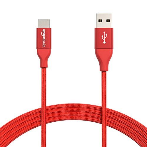 AmazonBasics Double Braided Nylon USB Type-C to Type-A 2.0 Male Cable, 10 Feet (3 Meters) - Red