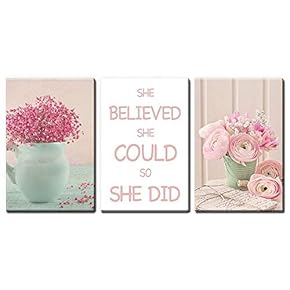 3 Panel Canvas Wall Art - Flowers in Vase with She Believed She Could So She Did Quotes - Giclee Print Gallery Wrap Modern Home Art Ready to Hang - 16"x24" x 3 Panels