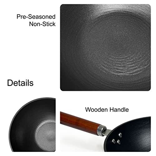 Light weight Cast Iron Wok, Stir Fry Pan, Wooden Handle, 11 Inch, chef