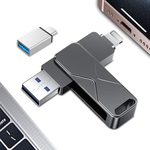 USB Flash Drive 256GB for iPhone iPad, MFi Certified Lightning 3-in-1 External Memory Stick, USB Flash Drive Compatible with iOS, MacBook, Android Smartphone, PC and Laptop