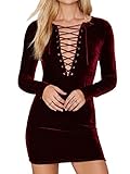 Clothink Women Velvet Plunge Front Lattice Detail Plain Bodycon Dress