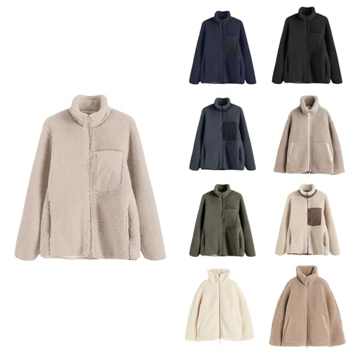 chunky cardigans for women uk Fleece Jacket Women Autumn And Winter New Fashionable Fuzzy Loose Anti Personalized Casual Outdoor Zipper Jacket Warm Stand Collar Coat With Pocket A Beige L