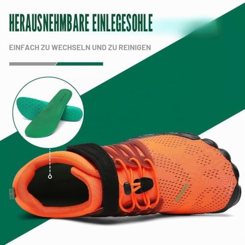 Barfußschuhe Herren Barfussschuhe Damen Barfuss Schuhe Zehenschuhe Outdoor Fitnessschuhe rutschfest Traillaufschuhe Barefoot Shoes mit Zero-Drop Solhe Dunkelorange, Gr.44 EU