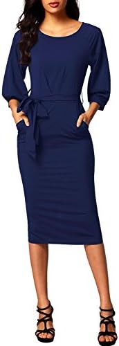 Seakoody Women Pencil Dress 3/4 Puff Sleeve Bodycon With Belt Knee Length Chiffon Slim Skirt Ladies