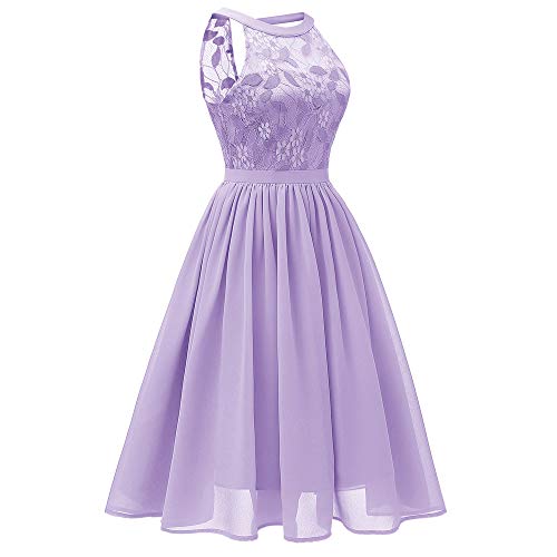 DEATU Princess Lace Dress Women Vintage Floral Cute Lace Cocktail Neckline Ladies Party Aline Swing Sleeveless Dress(B-Purple,S)