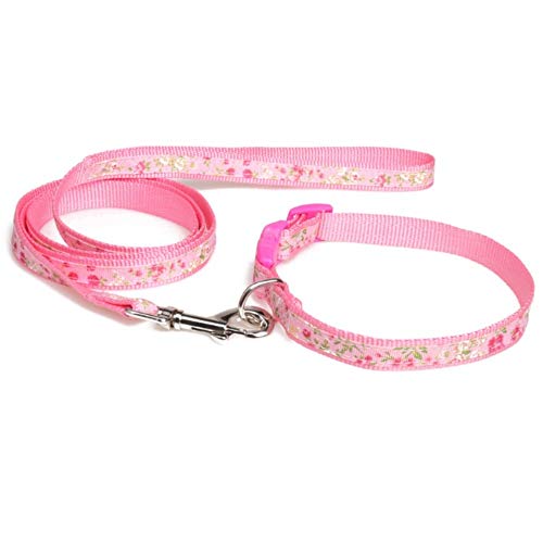 Stock Show Pet Dog Cat Nylon Collar and Leash Set Durable Safety Adjustable Collar with Beautiful Flowers Pattern Printing for Small Medium Dogs Cats, Pink