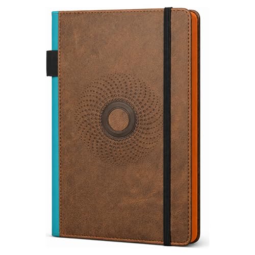 EJRange A5 Lined Notebook-Thick 100gsm Paper, Durable PU Leather Cover, Ribbon Marker, 192 Pages, Inside Pocket and Elastic Closure, Writing Pad for Journaling and Note-Taking(Brown)