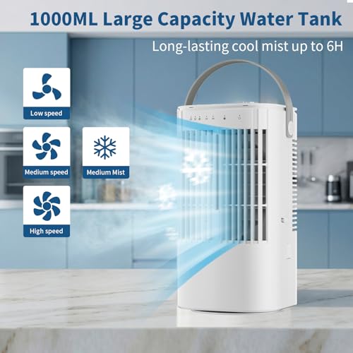 Portable Air Conditioner,1000ML Air Conditioning with Quiet Cool Mist, 7-Color Night Light, 120° Oscillation & Timer, for Bedroom, Car, Office