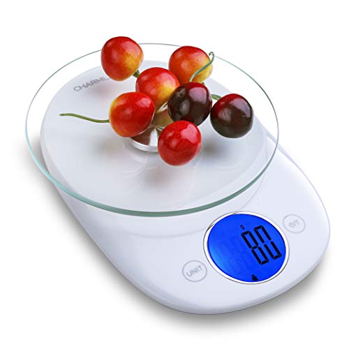Digital Food Scale Weight Grams and Ounces, Kitchen Scales for Cooking Baking with Large Display Tare Feature Sensitive Kitchen Scale Glass Platform, 11 pounds, White by CHARMLINE