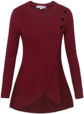 Women Office Blouse,Dressy Button Shirts Long Sleeve Tops Wine Red L