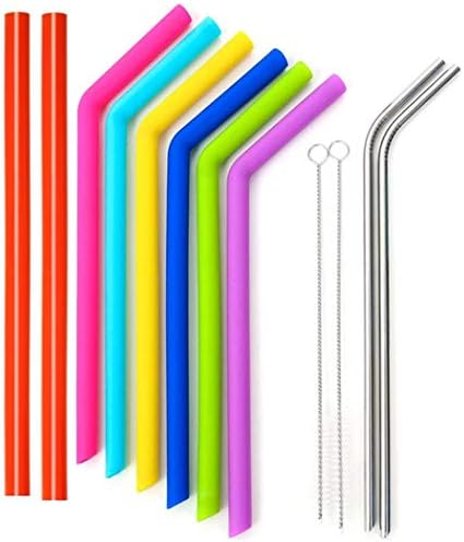 TANGCHU TC666 Silico Big 30 oz Tumblers-Reusable Drinking 8 Silicone Stainless Steel Straws+ 2 Brushes-Extra Long Flexi, 10 INCH, Multicolor