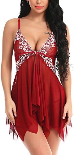 Mathea Women's Babydoll Lingerie Floral Lace Chemise V Neck Open Front Sleepwear