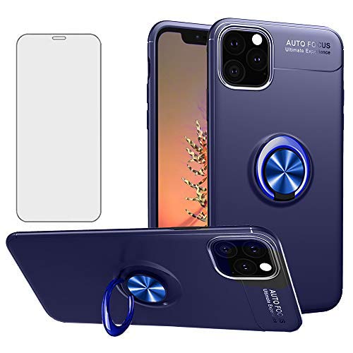 Phone Case for iPhone 11 Pro 2019 5.8 inch cases with Tempered Glass Screen Protector Magnetic Rugged Ring Accessories Kickstand Shockproof Silicone iPhone11pro iPhone11 11s 11p 11pro XI Blue