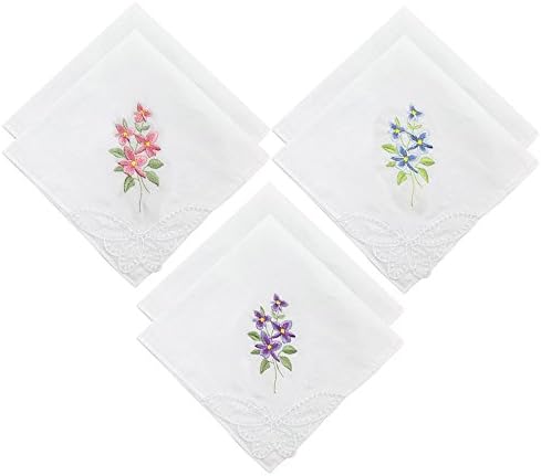 Women's Cotton Handkerchief Flower Embroidered with Lace 6 Pack