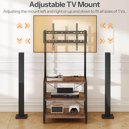 HOOBRO Mobile TV Stand Cart, 3 Tier Floor TV Cart with Wheels, Rolling TV Stand for Living Room, Height Adjustable Rolling TV Storage for Bedroom, Office, Rustic Brown and Black EBF66KDS01