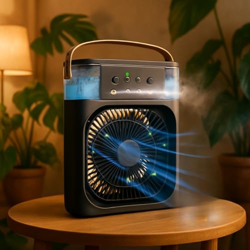 Mini Climatizador e Umidificador Portátil USB 3 em 1 | Ventilador de Mesa Pessoal Silencioso com Luz Noturna LED para Casa, Escritório e Viagem