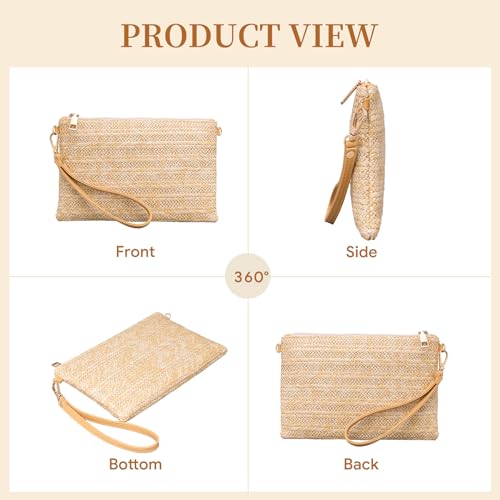 Larcenciel Women's Raffia Bag, Women's Shoulder Bag with Removable Wristlet and Chain, Beach Bag