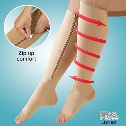 Jobar Zippered Compression Knee Socks Supports Stockings Leg Open Toe 23-32mmHg Zipper (MEDIUM, BEIGE) by Jobar