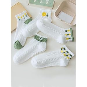 5 Pairs Women's Vintage Floral Cable Knit Ankle Socks, Soft & Breathable Casual Short Socks