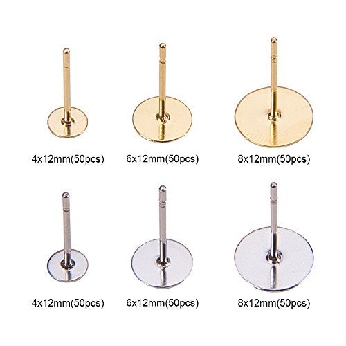 Pandahall Elite 1 Box 300 PCS 3-Size 2-Color Blank Earring Pins 304 Stainless Steel Flat Round Blank Peg & Post Ear Studs Findings