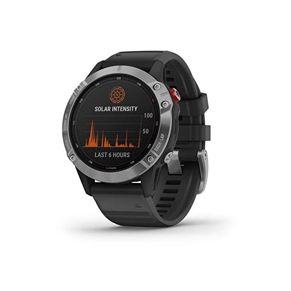 Garmin fenix 6 Solar, Solar-powered Multisport GPS Watch, Advanced Training Features and Data, Silver with Black Band
