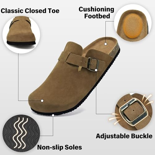 Wizshoe Men's Mules Clogs with Cork Insole Closed Slippers for Home and Garden Adjustable Buckle and Non-Slip Sole 41-46 EU