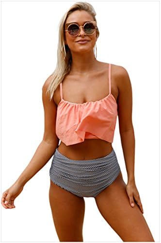 Women's Flounce Crop Top High Waist Stripe Bottom Bikini Set Two Pieces Swimwear Bathing Suits (XL)