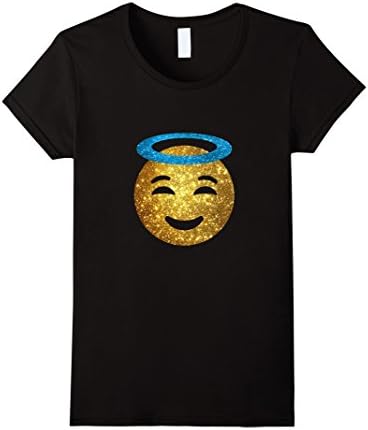 Womens Emoji Shirt - Glitter Angel Face With Halo Emoji T Shirt XL Black