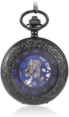 Sinopic Victorian Pocket Watch for Women with Vintage Blue Roman Numerals Skeleton Black Dial with Chain