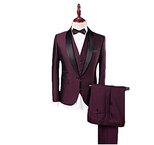 AK Beauty Men’s 3 Piece Black Lapel Groom Wedding Formal Suit (S, Burgundy)
