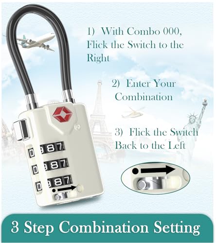 Search Alert TSA Approved Travel Combination Luggage Cable Locks for Suitcase, Gym Locker,Toolbox,Backpack 1,2,4,6 &10 pk (White 2 Pack)