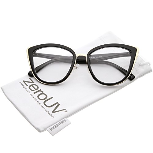 zeroUV - Oversize Rimmed Metal Frame Clear Lens Cat Eye Glasses 55mm (Black Gold/Clear)