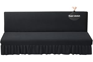 HFCNMY Stretch Armless Futon Cover with Skirt Ruffled Knitted Jacquard Futon Sofa Bed Cover Machine Washable Futon Couch Cover Futon Sofa Cover Black