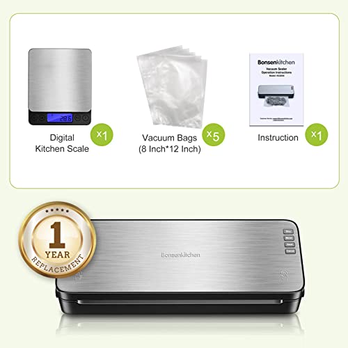 Bonsenkitchen Food Vacuum Sealer Machine with Kitchen Scale, Automatic Vacuum Sealer Built in Air Sealing System, Multipurpose Food Sealer for Long-Lasting Food Preservation, Easy to Use, Silver