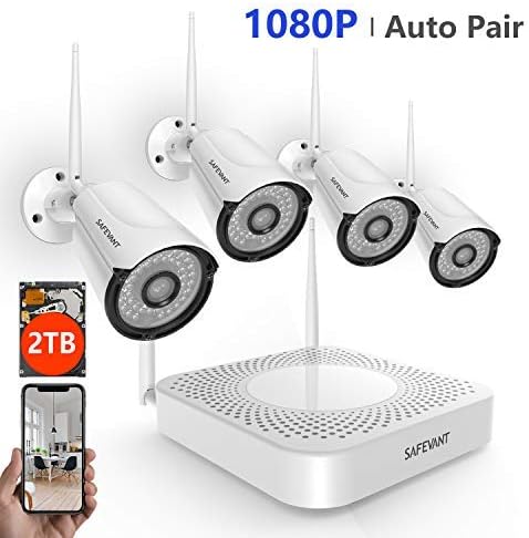 Wireless Security Camera System,Safevant Full-HD 4CH Video Security System with 4pcs 1080p Wireless Security Cameras,65ft Night Vision,Pre-Installed 2TB Hard Drive,Auto-Pair,Plug&Play