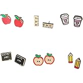 Pingyongchang 6 Pairs Cute Teacher Stud Wood Earrings Funny Handmade Colorful Book Pencil Crayon Ruler Wooden Student Earrings for Women Back to School Jewelry Teacher Graduation Gift