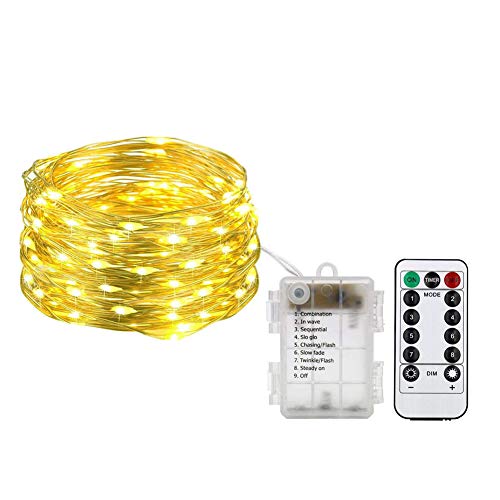 HAHOME Battery Operated LED String Lights 16.4Ft 50 LEDs Indoor and Outdoor Fairy Lights with Timer and Wireless Handheld Remote Control,Yellow