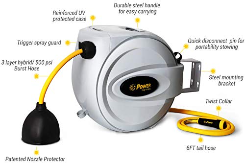 Power Retractable Hose Reel 1/2â€ x 100 ft, Super Heavy Duty, 500 PSI Burst Strength, 3 Layer Hybrid Hose, Slow Return System, Exclusive Twist Collar and The Patented Nozzle Protector