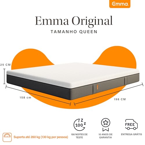 Colchão Queen Emma Original 25 cm - 158x198 cm, Espuma Viscoelástica 3 Camadas, Conforto Superior, Suporte para Coluna, Alta Respirabilidade, Capa Lavável, 10 Anos de Garantia, 100 Noites de Teste