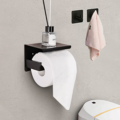 WEKIS Matte Black Toilet Paper Holder with Shelf, Self Adhesive or Wall