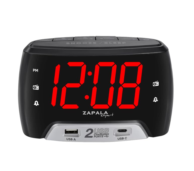 ZAPALA Expert Wake-Up Alarm Clock with Radio for Bedside or Kitchen, Dual Alarm, Sleep & Snooze Function, FM Radio with 10 Preset Station, Dual USB Port for Smart Phones and Tablets Charging
