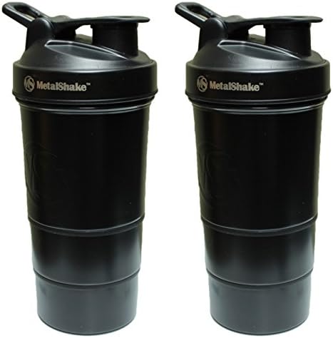 2x BLACK Leak Proof LIFETIME Stainless Steel Metal Protein Shaker Cup Set Blender Mixer Bottle 19oz Stackable With Storage Workout Containers Pill Dispenser Tray Ice Pack Keeps Drink Cold BPA Free